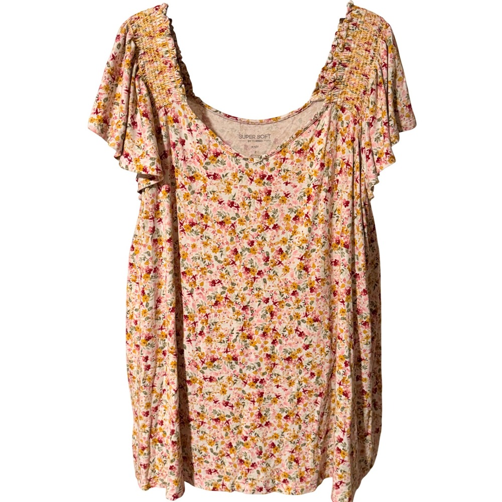 Torrid Super Soft Knit Floral V-Neck Smocked Flutter Sleeve Top Plus Size 2 2X